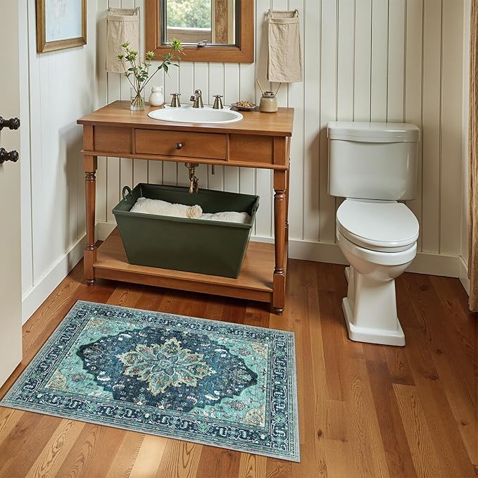 RELEANY Area Rugs 2'x3' Kitchen Rugs Entry Rug Small Rugs for Entryway Kitchen Bathroom Door Mat Indoor Entrance,Washable Non Slip, Teal Green Lake Blue Turquoise