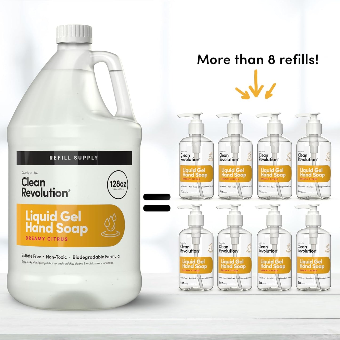 Clean Revolution Liquid Gel Hand Soap, Silky Rich Liquid, Quick Lather, Fast Rinsing, Contains Real Essential Oils (Dreamy Citrus) 128 Fl Oz