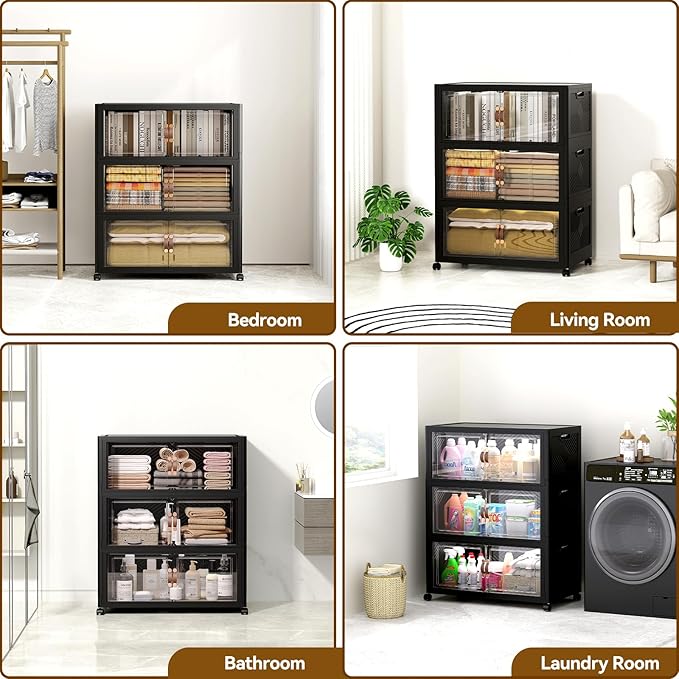 SAILUN 375QT Stackable Storage Bins with Lid, Collapsible Storage Bins With Doors and Wheels, Folding Plastic Cabinet Containers for Home Kitchen Closet Organization, 3 Pack