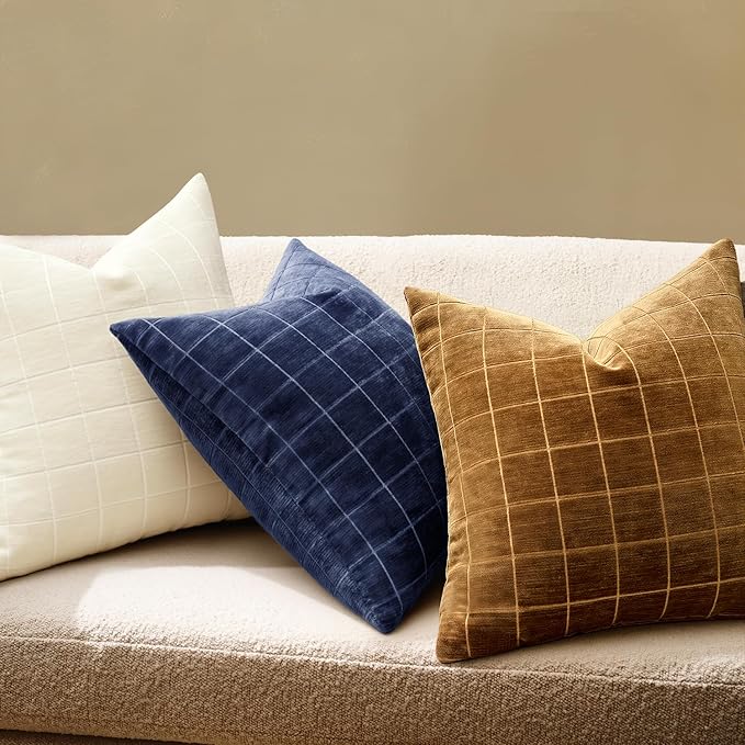 MIULEE Decorative Chenille Check Lumbar Throw Pillow Covers Vintage Plaid Couch Pillows 12x20 Inch Set of 2 Neutral Boho Cushion Covers Modern Home Coastal Decor for Sofa Bed Living Room Navy Blue