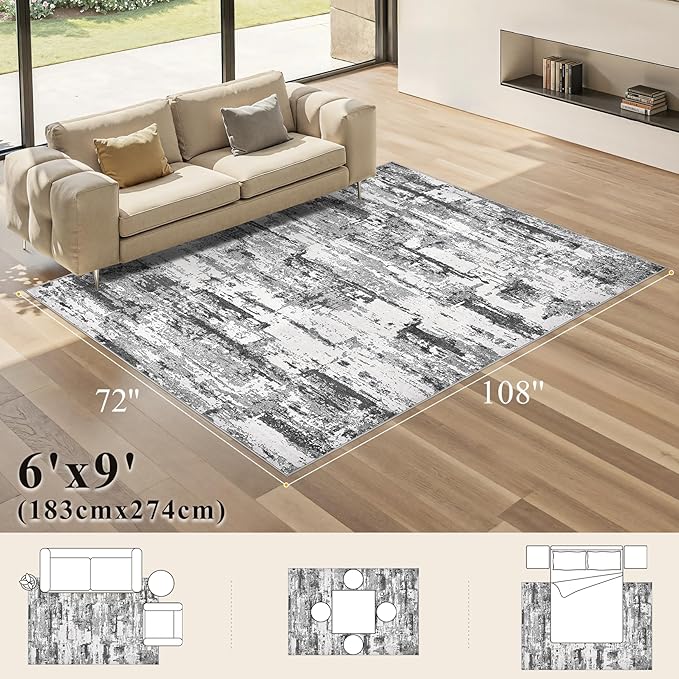Area Rugs for Living Room: 6x9 Abstract Washable Rug Modern Neutral Large Soft Stain Resistant Non-Slip Backing Machine Table for Bedroom Dining Room Indoor Home Office Carpet - Black Grey