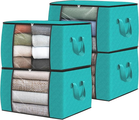 Fab totes Storage Bags,Clothes Blanket Storage Bins Foldable Closet Organizers with Reinforced Handle for Home Dorm Storage and Organization,Fabric Bags for Organizing Sheets,Clothing (Green,4 Pack)