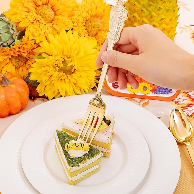 Liacere 400PCS Gold Plastic Silverware - Pre Rolled Napkins Disposable Gold Plastic Cutlery-Premium Quality Utensils-Includes 100Forks,100Knives,100Spoons,100 Napkins & Christmas & New Year