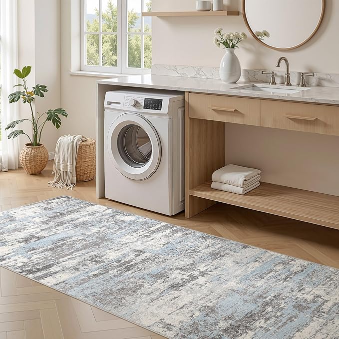 Hallway Washable Runner Rug: 3x8 Abstract Modern Soft Stain Resistant Non-Slip Backing Runner for for Entryway Kitchen Laundry - Blue Grey
