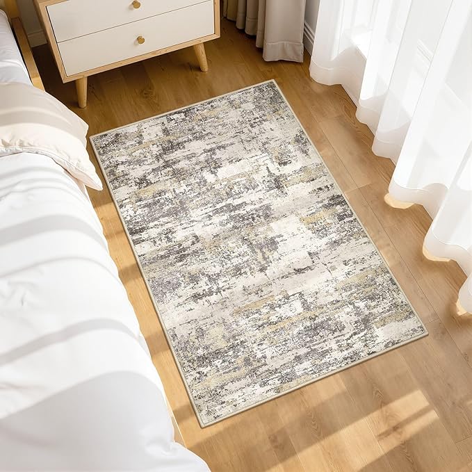 Washable Area Rugs: 2x3 Abstract Modern Soft Stain Resistant Non-Slip Backing for Living Room Entryway Bedroom Nursery - Gold Brown