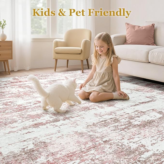 Area Rugs for Living Room: 5x8 Abstract Washable Rug Modern Neutral Large Soft Stain Resistant Non-Slip Backing Machine Table for Bedroom Dining Room Indoor Home Office Carpet - Pink
