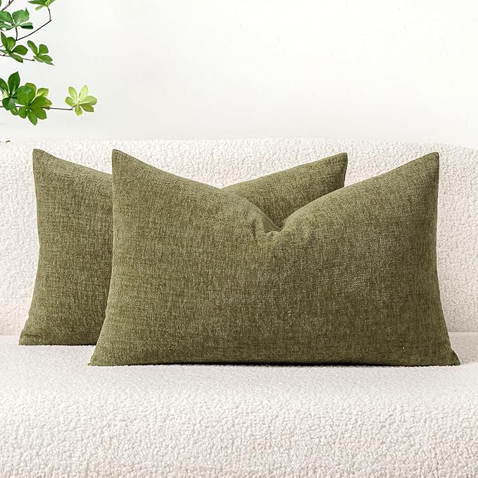 MIULEE Pack of 2 Couch Throw Pillow Covers 12x20 Inch Soft Olive Green Chenille Pillow Covers for Sofa Living Room Solid Dyed Pillow Cases
