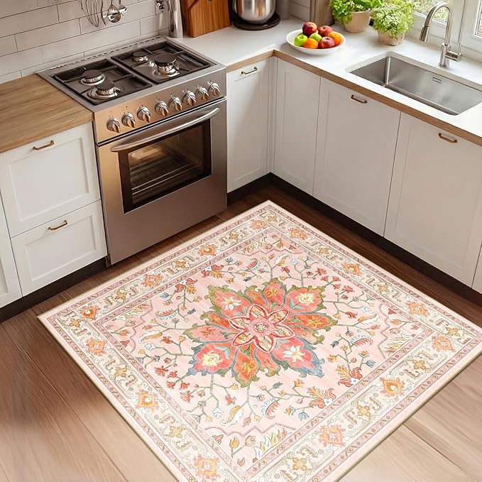 RELEANY Area Rugs Square 4ft Washable Non-Slip, Floral Vintage Distress Print Pattern Medallion Carpet for Living Room Bedroom Dining Room, Light Pink Colorful