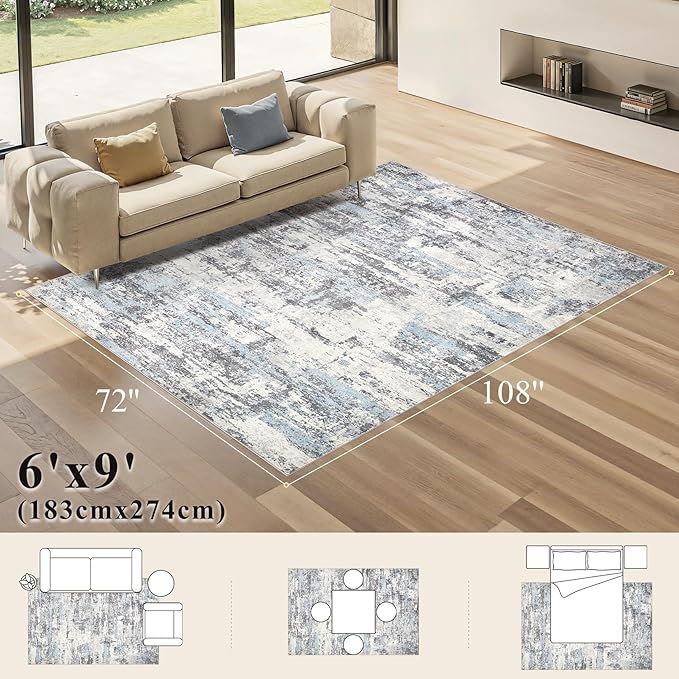 Area Rugs for Living Room: 6x9 Abstract Washable Rug Modern Neutral Large Soft Stain Resistant Non-Slip Backing Machine Table for Bedroom Dining Room Indoor Home Office Carpet - Blue Grey