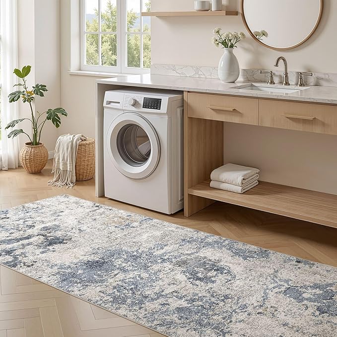 Hallway Washable Runner Rug: 3x14 Abstract Modern Soft Stain Resistant Non-Slip Backing Runner for for Entryway Kitchen Laundry - Blue Brown