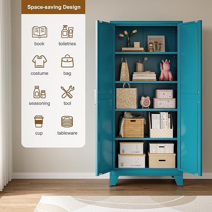 71" Storage Cabinet with Doors and Shelves, Tall Freestanding Pantry Cabinet in Teal Blue with 2 Doors & 4 Adjustable Shelves, All-Steel Farmhouse Cupboard for Kitchen, Garage, Laundry Room