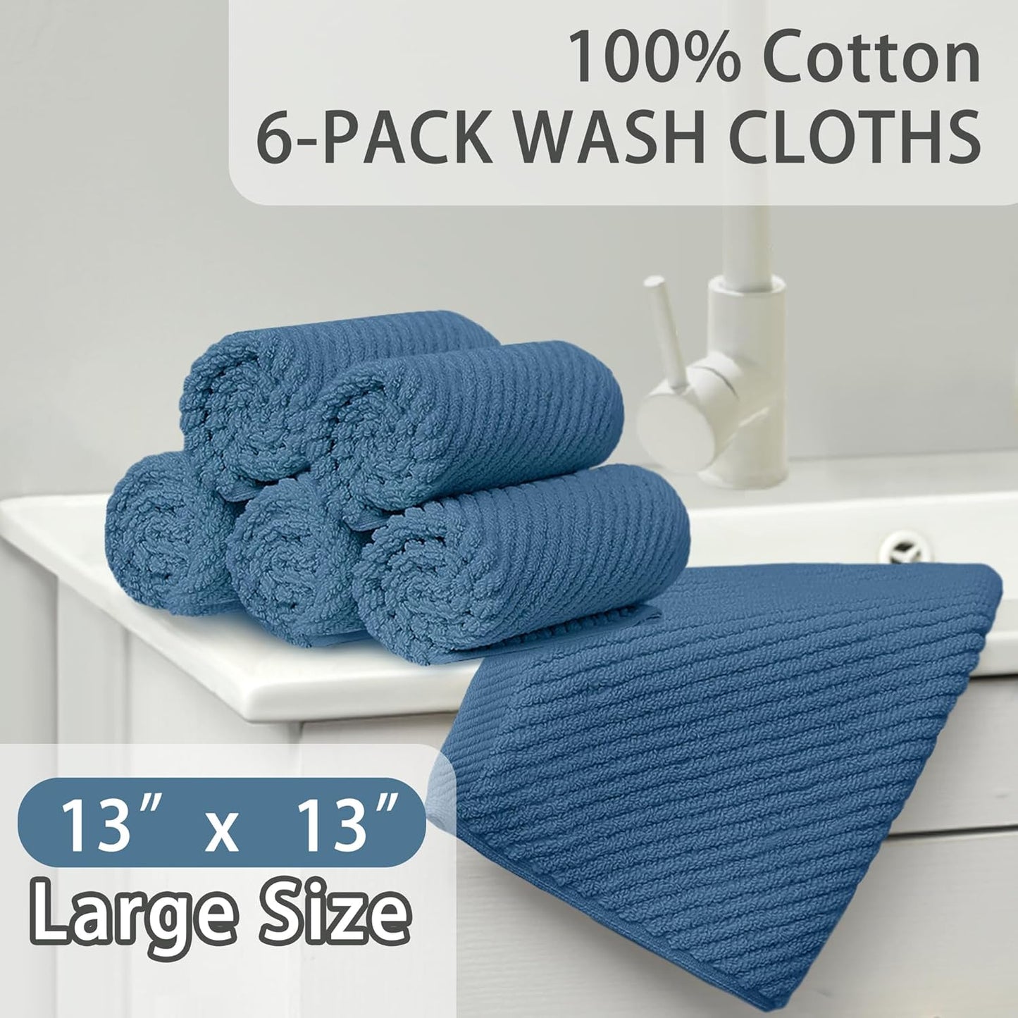 Blue Washcloths 6 Pack, 13"x13" - 100% Cotton | Lightweight | Thick | Quick Dry | Soft | Absorbent, Wash Cloths for Your Face and Body, Hand Towels for Shower, Bathroom Essentials, Denim Blue