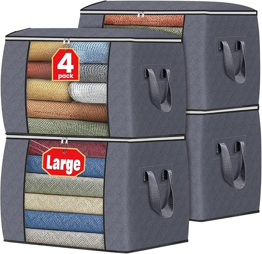 Fab totes 24 Gallons Clothes Storage, Foldable Thick Fabric Blanket Storage Bags, Containers for Organizing Bedroom, Closet, Clothing, Comforter, Organization with Handle (4 Pack,Grey)