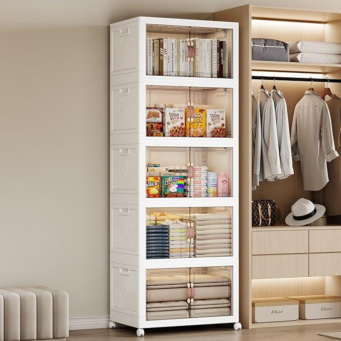 SAILUN 275QT/69Gal Stackable Storage Bins with Lid, Collapsible Storage Bins With Doors and Wheels, Folding Plastic Cabinet Containers for Home Kitchen Closet Organization, 5 Pack