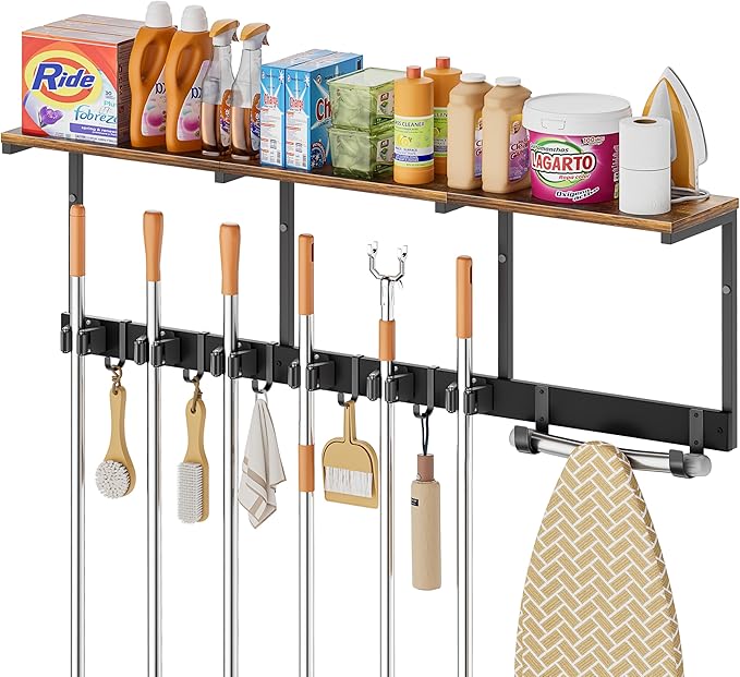 Broom Holder Wall Mount with Cleaning Supplies Organizer, Laundry Room Organization and Storage Shelves with Ironing Board Holder, Mop Hanger Broom Rack with Hooks, Home Improvement Garage Organizer