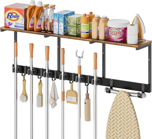 Broom Holder Wall Mount with Cleaning Supplies Organizer, Laundry Room Organization and Storage Shelves with Ironing Board Holder, Mop Hanger Broom Rack with Hooks, Home Improvement Garage Organizer