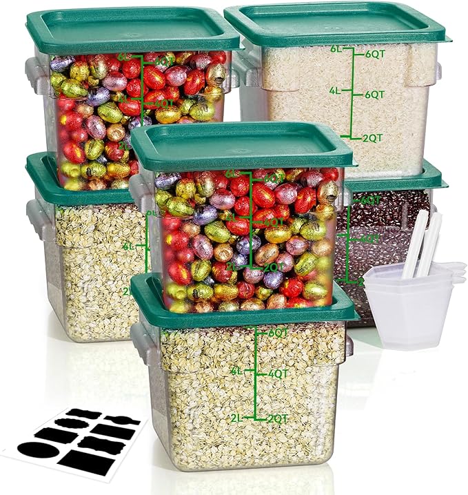 6QT NSF Food Storage Containers: 6PCS [Food Grade][Hot&Cold Resistant] Commercial Clear Food Storage Containers with Lids for Restaurant Kitchen Proof Dough, Measuring Spoons Included(GREEN N1)