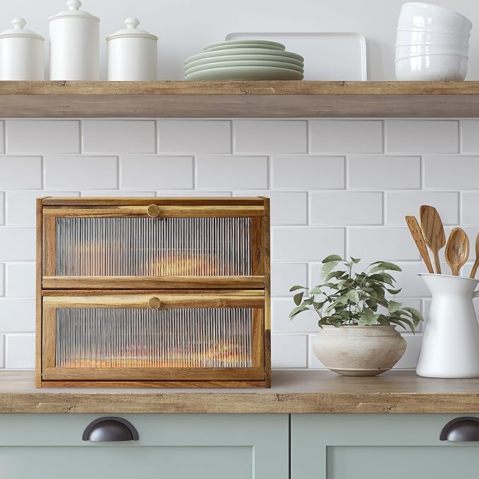 Acacia Wooden Bread Box for Kitchen Countertop,Extra Large 2 Layer Breadbox Holder Farmhouse Bread Storage Container Bread Bin Food Organizer Pantry Shelf Acrylic Window