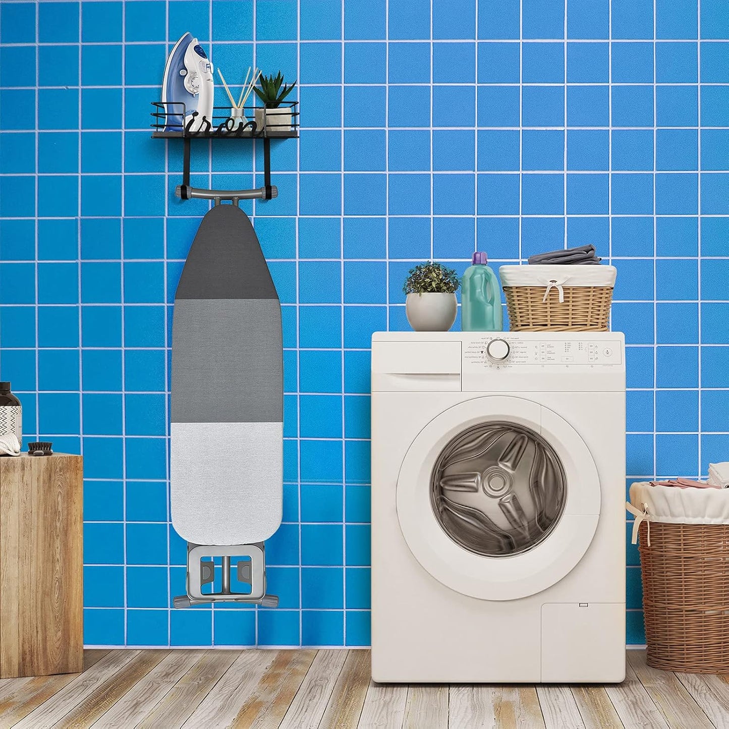 TJ.MOREE Ironing Board Hanger Wall Mount - Laundry Room Iron and Ironing Board Holder, Metal Wall Mount with Large Storage Black Wooden Base Basket and Removable Hook(Black)