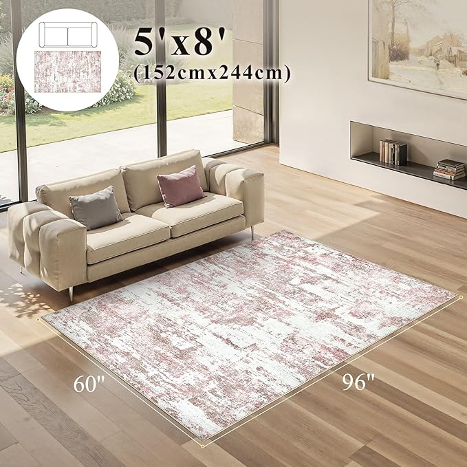 Area Rugs for Living Room: 5x8 Abstract Washable Rug Modern Neutral Large Soft Stain Resistant Non-Slip Backing Machine Table for Bedroom Dining Room Indoor Home Office Carpet - Pink