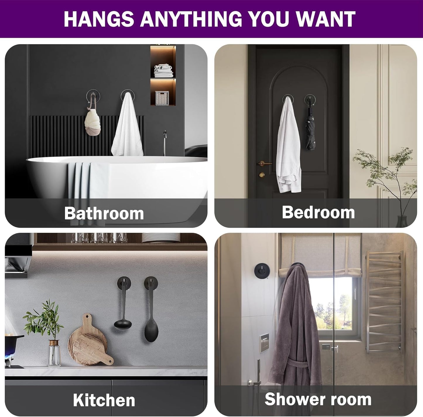 JOMOLA Stainless Steel Bathroom Suction Hooks - No Drill Adhesive-Free Wall Mount for Shower, Towel & Robe, Rustproof Metal Hardware with Damage-Free Grip, Matte Black (2-Pack)