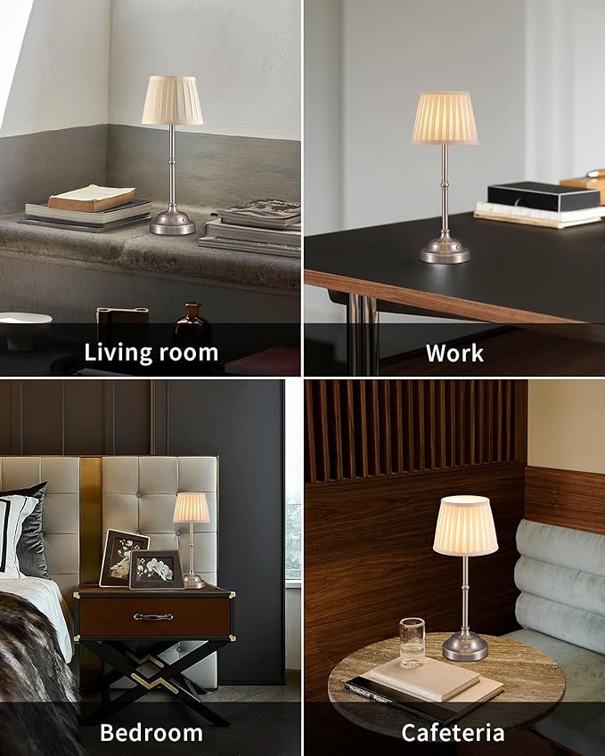 KDG Cordless LED Table Lamp Set of 2, Portables Fabric Shade Desk Lamps, 4000mAh Rechargeable Battery Powered Lighting, Dimmable Light for Dining Room, Bedroom, Bedside, Night Light, Balcony (Nickel)