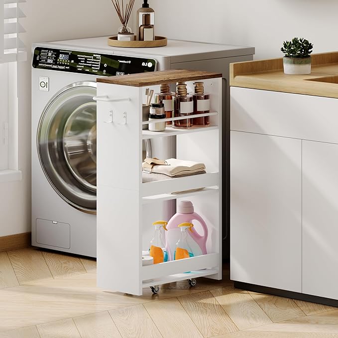 ChooChoo 4-Tier Slim Storage Cart with Handle, 7.87" W Rolling Utility Cart on Universal Wheels, Kitchen Cart Mobile Shelving Organization for Laundry Room, Bathroom & Narrow Places (Walnut & White)