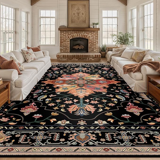 RELEANY Area Rugs 10'x12' Washable Non-Slip, Floral Vintage Distress Print Pattern Medallion Carpet for Living Room Bedroom Dining Room, Black Colorful Floral Dark Tan