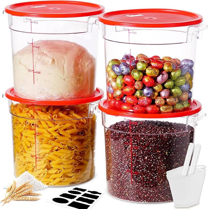 6QT NSF Round Food Storage Containers with Lids: 4 PCS [Total Food Grade][Hot&Cold Resistant] Dough Proofing Container for Pizza, Bread with Measuring Spoons Included(BPA FREE) (RED)