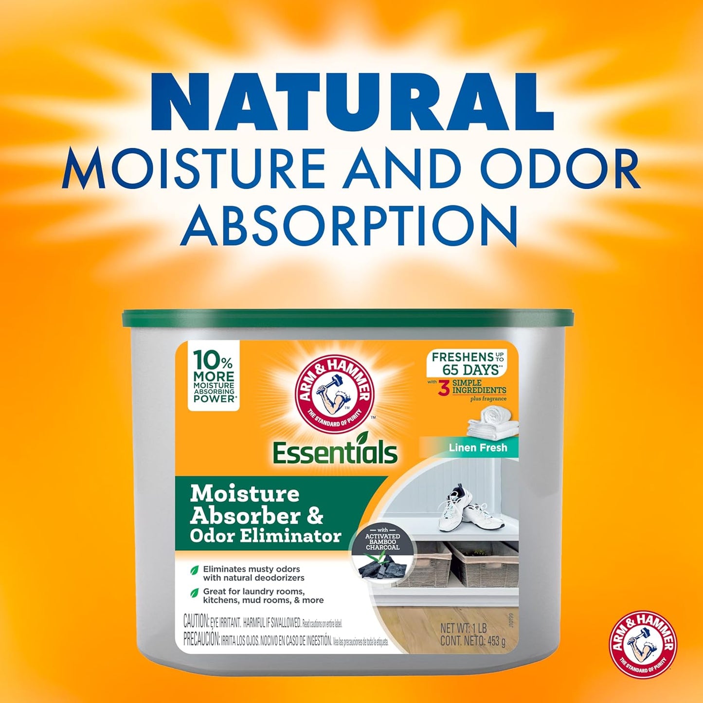 Arm & Hammer Essentials Disposable Moisture Absorber and Odor Eliminator Tub, Linen Fresh, 1 lb., 3-Pack, Attracts and Traps Excess Moisture, Ideal Closet Non-Electric Dehumidifier