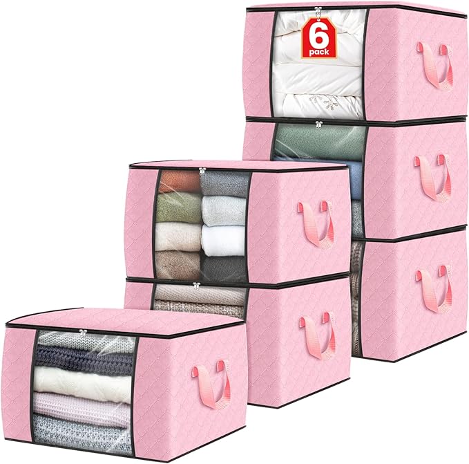 Fab totes 6 Pack Clothes Storage, Foldable Thick Fabric Blanket Storage Bags, Containers for Organizing Bedroom, Closet, Clothing, Comforter, Organization with Handle,Pink