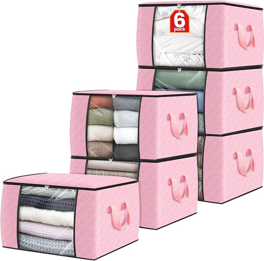 Fab totes 6 Pack Clothes Storage, Foldable Thick Fabric Blanket Storage Bags, Containers for Organizing Bedroom, Closet, Clothing, Comforter, Organization with Handle,Pink