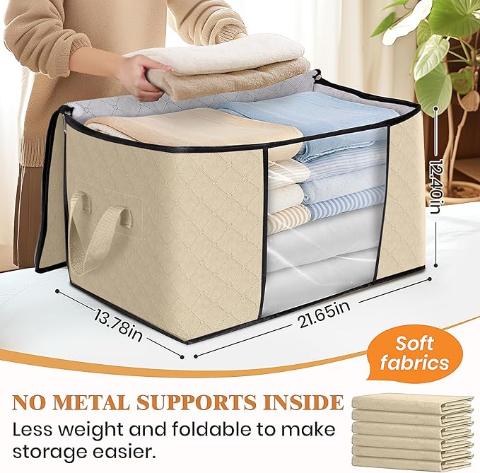 Fab totes 3 Pack Clothes Storage, Foldable Thick Fabric Blanket Storage Bags, Containers for Organizing Bedroom, Closet, Clothing, Comforter, Organization with Handle,Beige