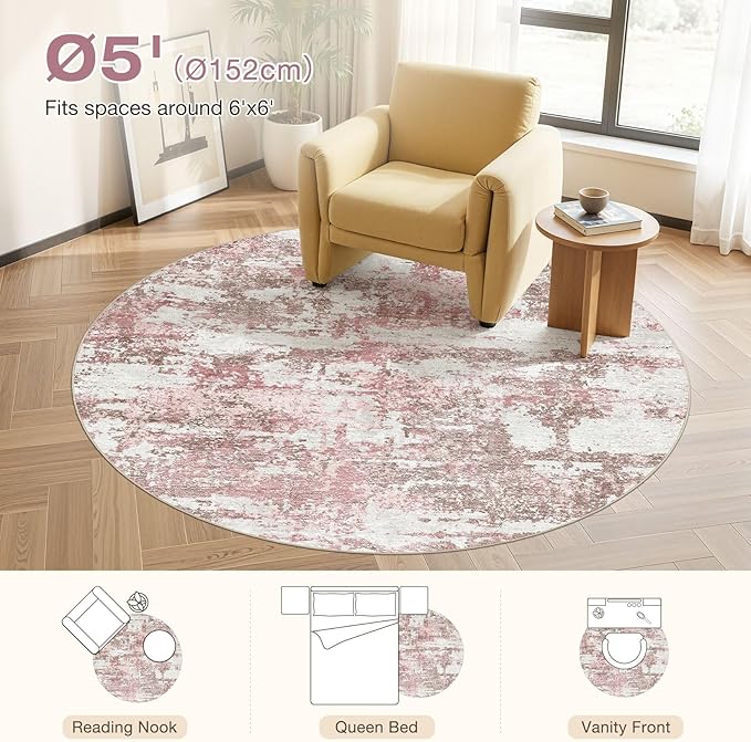 5ft Round Area Rugs for Living Room: 5x5 Abstract Washable Rug Modern Large Soft Stain Resistant Non-Slip Backing Machine Table for Bedroom Dining Room Indoor Home Office Carpet - Pink
