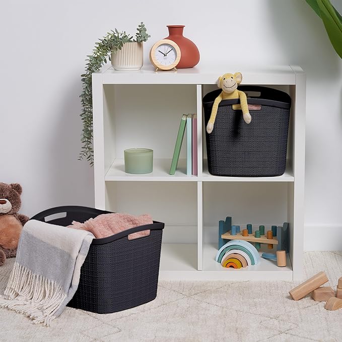 Curver Set of 2 XL 30.5L Jute Decorative Plastic Organization and Storage Baskets - Perfect Bins for Home Office, Closet Shelves, Kitchen Pantry and All Bedroom Essentials, Black