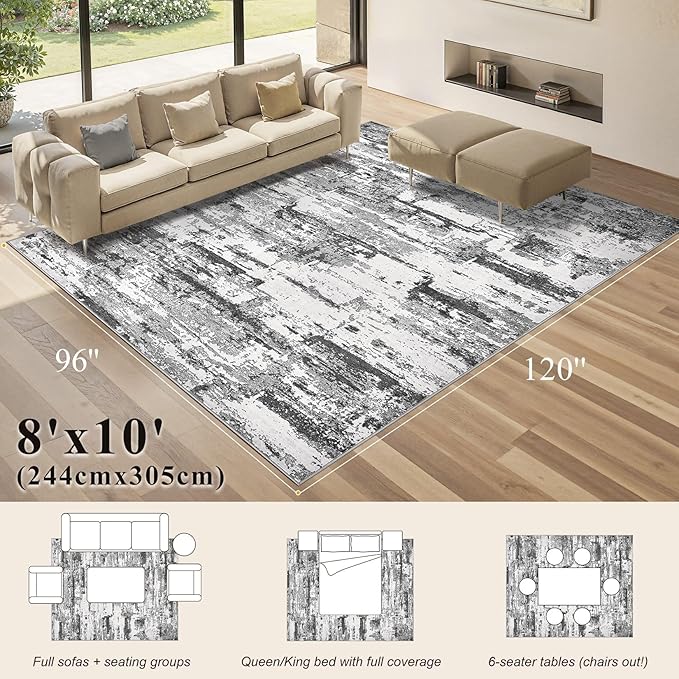 Area Rugs for Living Room: 8x10 Abstract Washable Rug Modern Neutral Large Soft Stain Resistant Non-Slip Backing Machine Table for Bedroom Dining Room Indoor Home Office Carpet - Black Grey