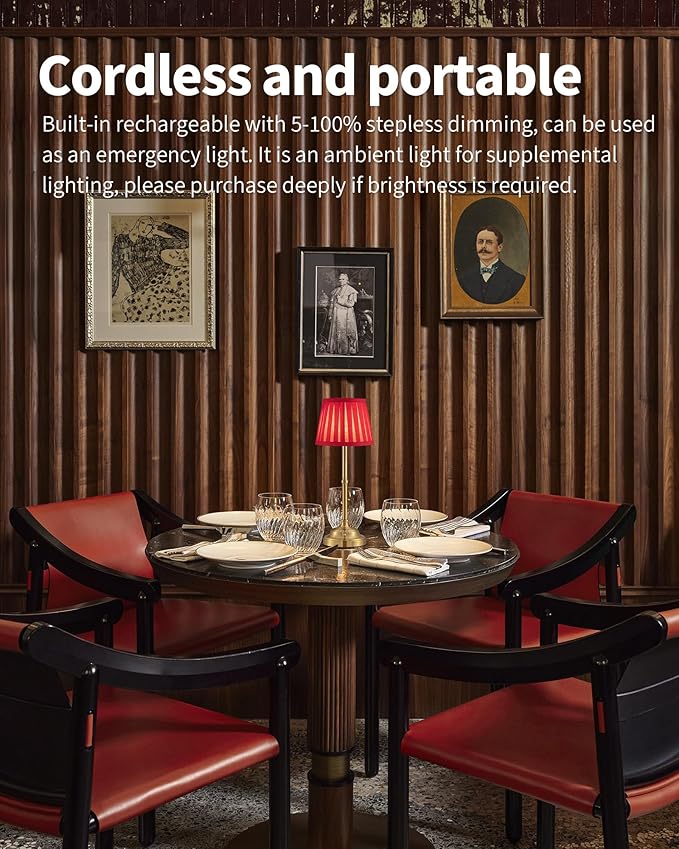 KDG Cordless LED Table Lamp Set of 2, Portables Fabric Shade Desk Lamps, 4000mAh Rechargeable Battery Powered Lighting, Dimmable Light for Dining Room, Bedroom, Bedside, Night Light, Balcony (Red)