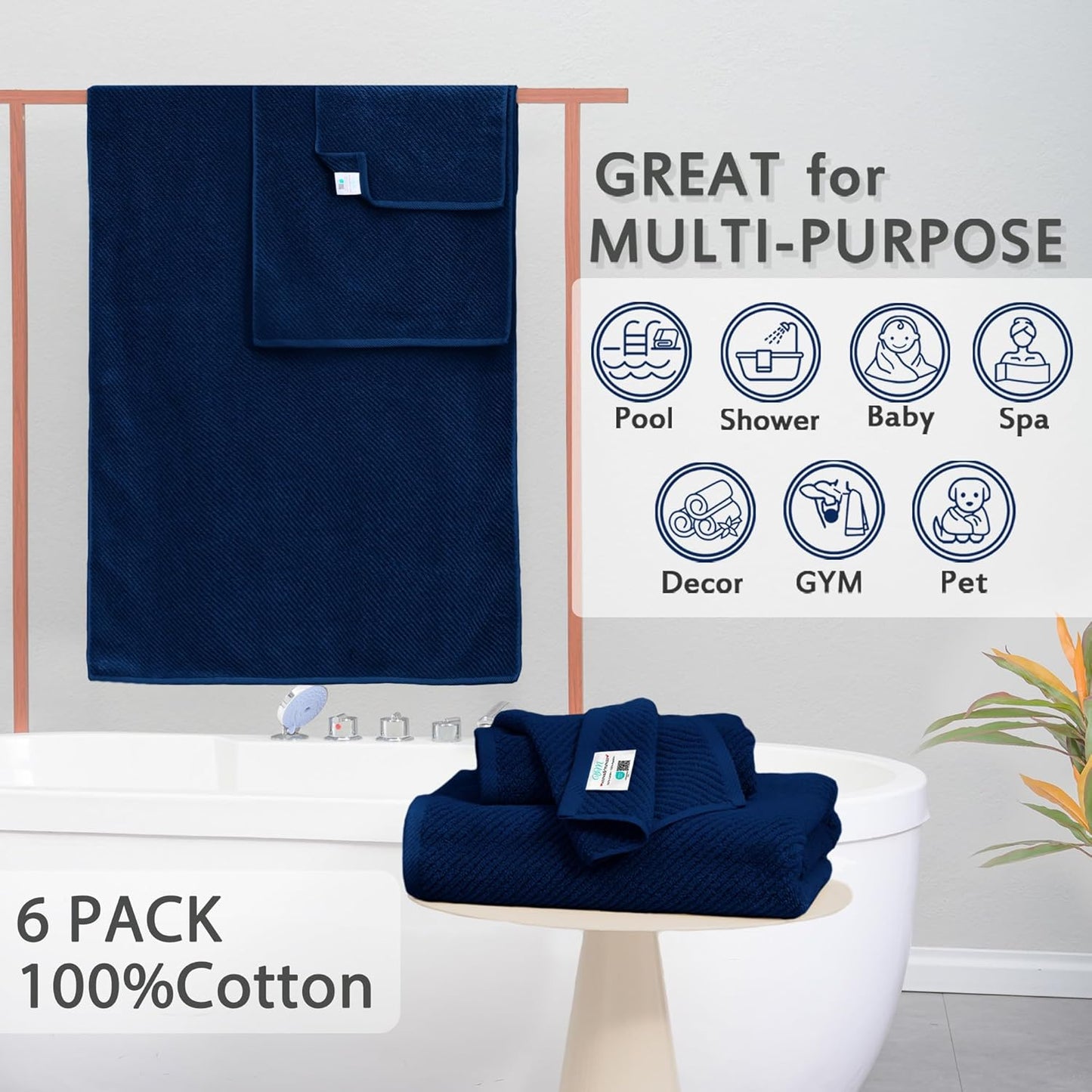 VOOVA & MOVAS Bath Towels - 100% Cotton | Quick Dry | Light Weight | Thick | Soft, Towel Set of 6, 2 Large Bath 30"x56", 2 Hand 18"x28", 2 Washcloths 13"x13", Quick Dry Towel for Shower, Navy Blue