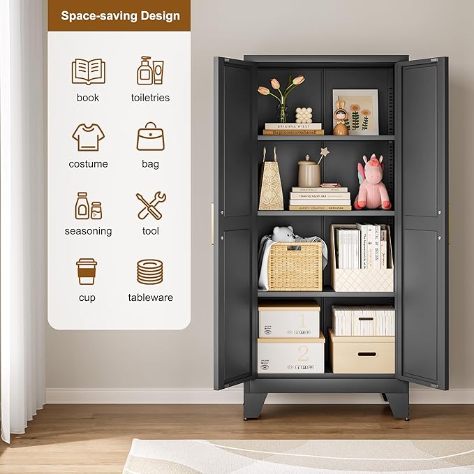 61" Tall Compact Storage Cabinet,Space-Saving 27.5" Wide Pantry with 2 Doors & 3 Shelves, Freestanding for Small Kitchen, Apartment, Laundry Room,Narrow Hallway