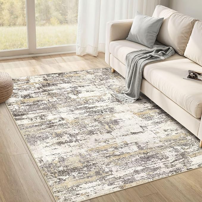 Area Rugs for Living Room: 4x6 Abstract Washable Rug Modern Neutral Large Soft Stain Resistant Non-Slip Backing Machine Table for Bedroom Dining Room Indoor Home Office Carpet - Gold Brown
