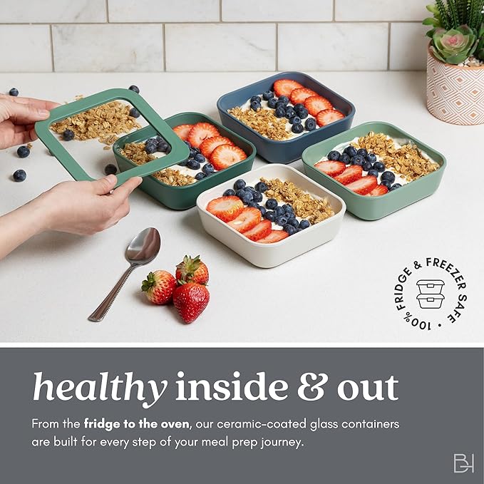 Ceramic Coated Glass Food Storage Container | No PTFE, PFOA, PFAS, and BPA | Reusable Non Toxic Meal Prep Container with Glass Lid | Easy To Store | 2.5 Cup Square [Crema]