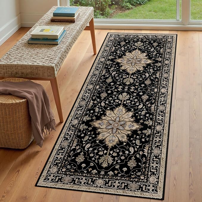 RELEANY Area Rugs 3'x8' Runner Rug Non Slip Washable for Kitchen Hallway Bedroom Beside Laundry Room Bathroom Rug, Floor Carpet, Black Brown Neutral Dark Tan