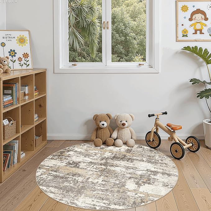 4ft Round Area Rugs for Living Room: 4x4 Abstract Washable Rug Modern Large Soft Stain Resistant Non-Slip Backing Machine Table for Bedroom Dining Room Indoor Home Office Carpet - Gold Brown