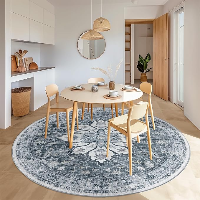 RELEANY Area Rugs 8ft Washable Non-Slip, Floral Vintage Distress Print Pattern Medallion Carpet for Living Room Bedroom Dining Room, Light Gray Grey White