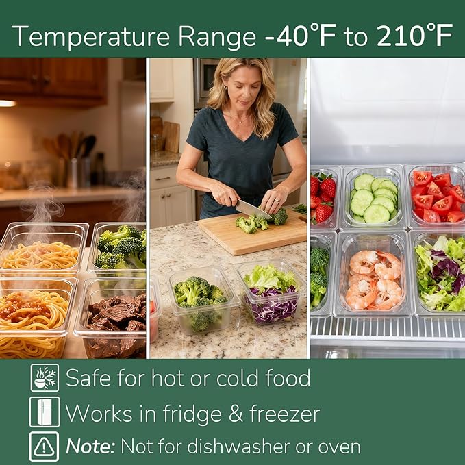 6 Pack food Pans with Lids 1/6 Size, Commercial Food-grade material, Impact-resistant and shockproof, For Salad Bars, Hot Deli Items & Dessert Toppings, Prep Table & Refrigerator Friendly