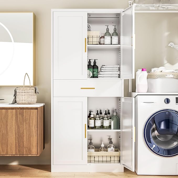 Kitchen Pantry Cabinet,71” Metal Tall Pantry Storage Cabinet with Doors 2 Adjustable Shelves and a Drawer,Kitchen Storage Cabinets White Freestanding Food Cabinet for Pantries, Kitchen, Dining Room