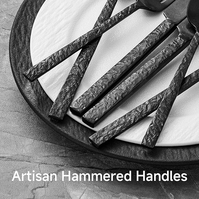 KINGSTONE 36 Pcs Black Hammered Silverware Set with Steak Knives for 6, 18/10 Stainless Steel Heavy Duty Flatware Set, Tableware Cutlery Utensil Sets for Home Restaurant Dishwasher Safe