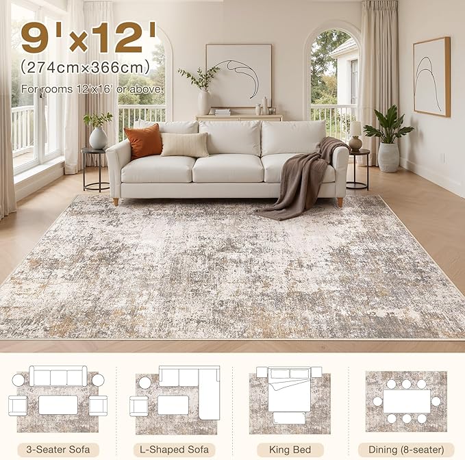 Area Rugs for Living Room: 9x12 Abstract Washable Rug Modern Neutral Large Soft Stain Resistant Non-Slip Backing Machine Table for Bedroom Dining Room Indoor Home Office Carpet - Brown Grey