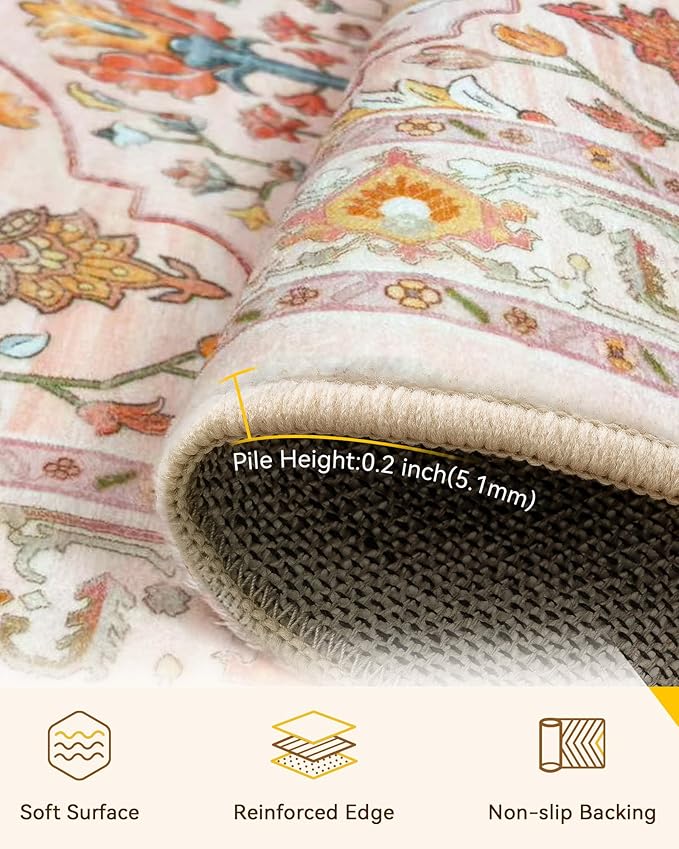 RELEANY Area Rugs 2'x10' Runner Rug Non Slip Washable for Kitchen Hallway Bedroom Beside Laundry Room Bathroom Rug, Floor Carpet, Light Pink Colorful