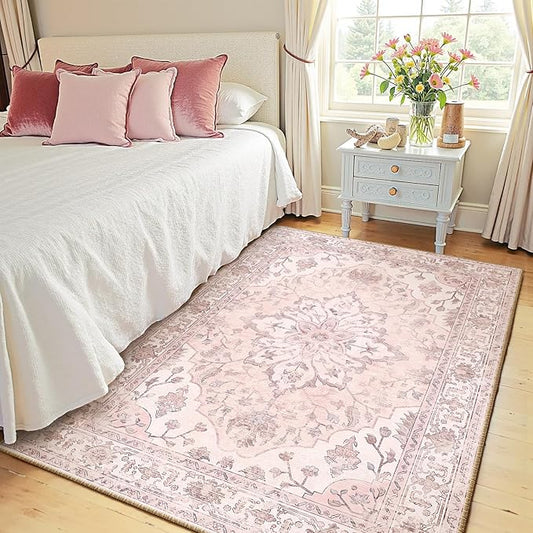 RELEANY Area Rugs 4'x6' Washable Non-Slip, Floral Vintage Distress Print Pattern Medallion Carpet for Living Room Bedroom Dining Room, Pink Greypink Cute